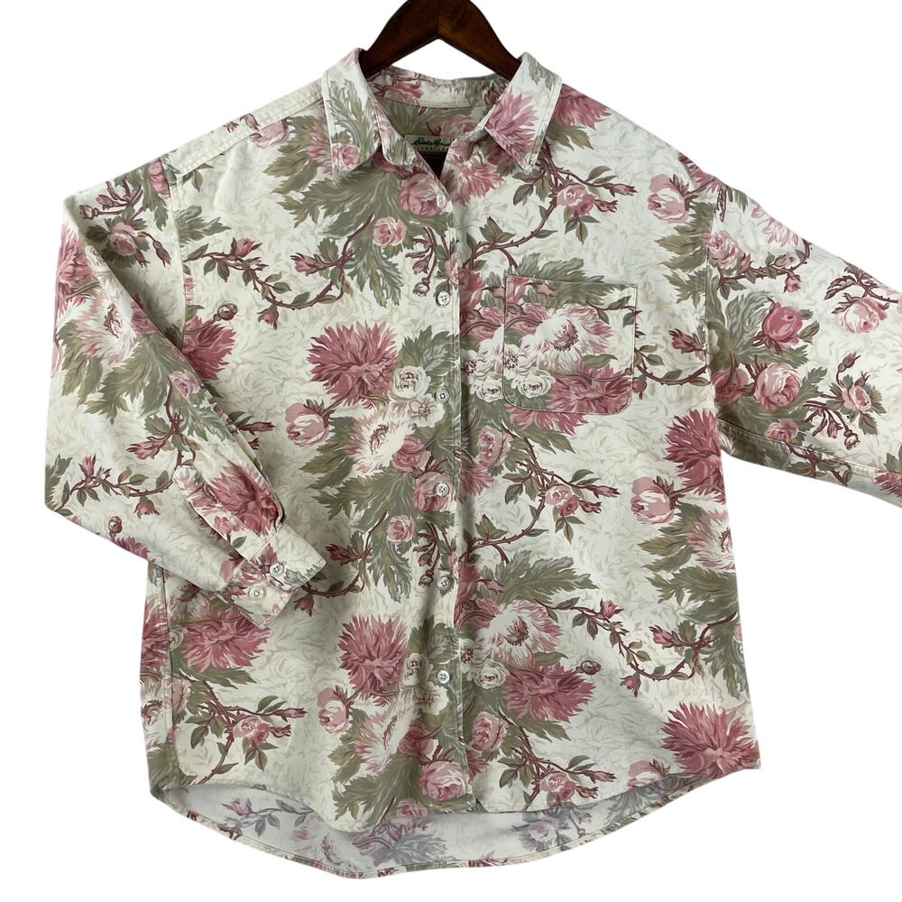 Vintage Eddie Bauer WMNS Button Up Shirt Shacket SZ XL Ivory Pink Floral Cotton